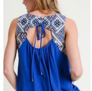 Doe & Rae Royal Blue Embroidered Top Sleeveless Relax Fit Womens Size Small